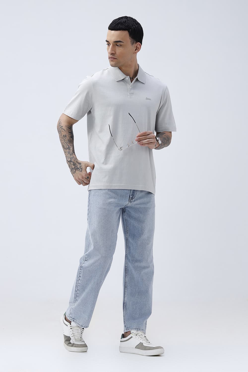 BASICS RELAXED FIT TRACING GRAY COTTON POLO T-SHIRT