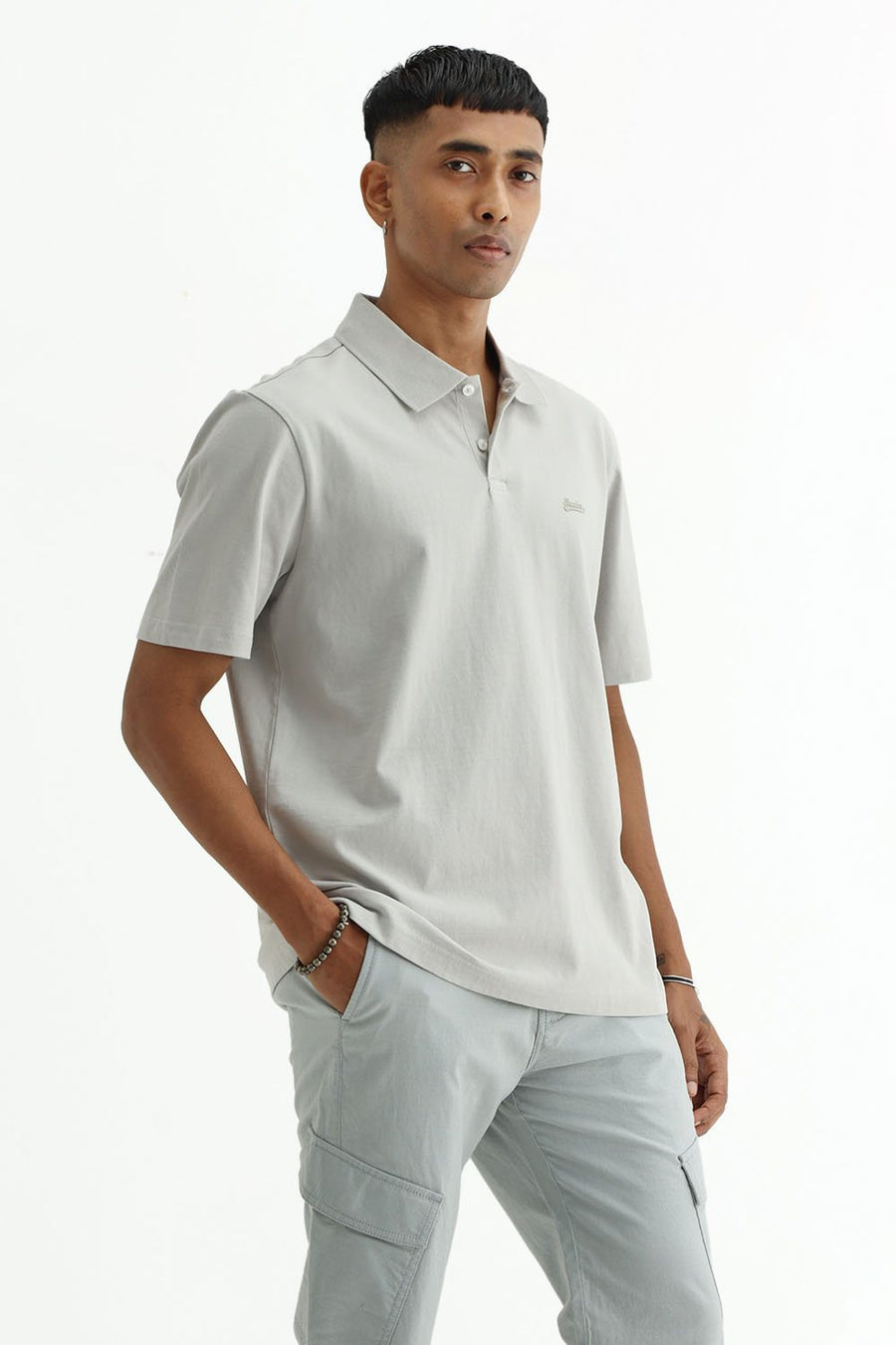 BASICS RELAXED FIT TRACING GRAY COTTON POLO T-SHIRT