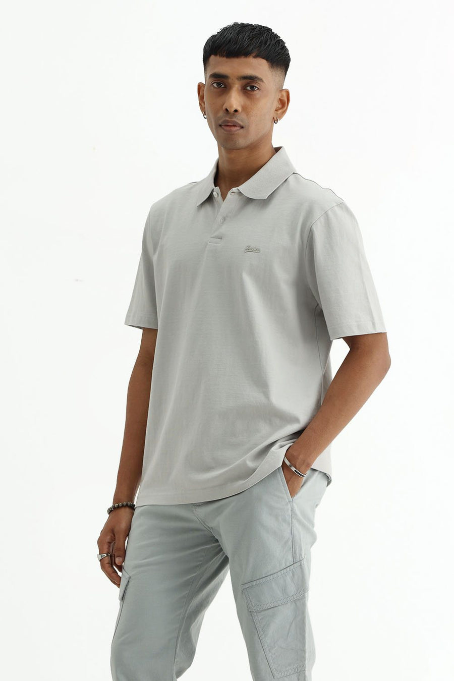 BASICS RELAXED FIT TRACING GRAY COTTON POLO T-SHIRT
