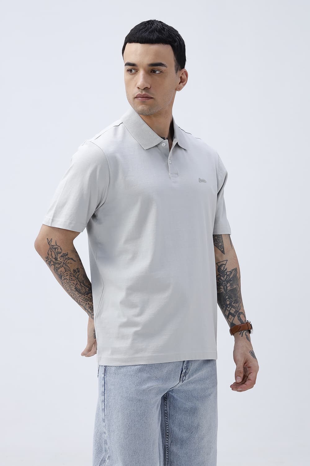 BASICS RELAXED FIT TRACING GRAY COTTON POLO T-SHIRT