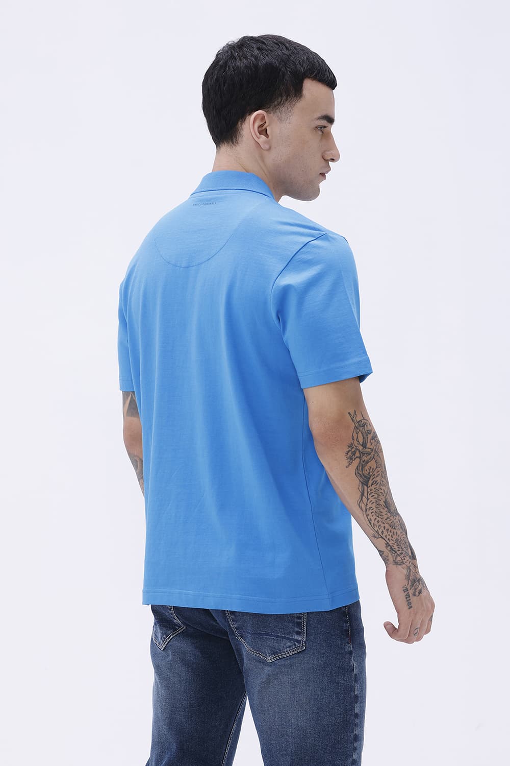BASICS RELAXED FIT BLUE ASTER COTTON POLO T-SHIRT