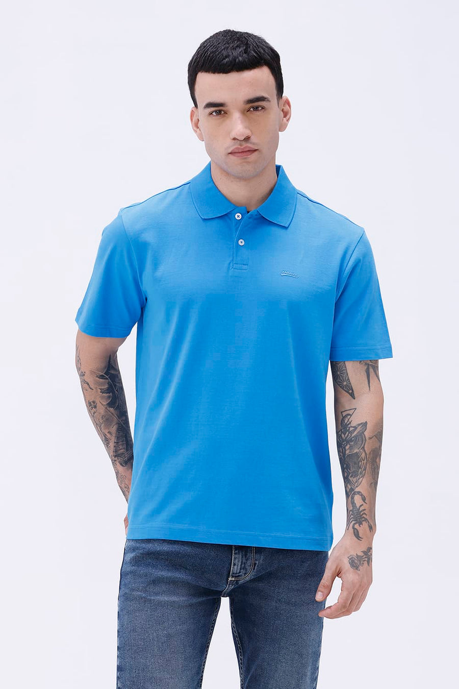 BASICS RELAXED FIT BLUE ASTER COTTON POLO T-SHIRT