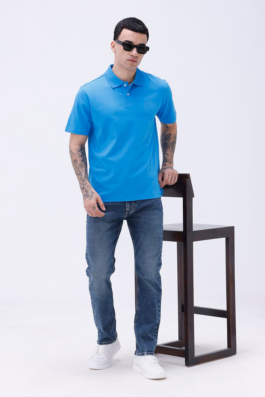 BASICS RELAXED FIT BLUE ASTER COTTON POLO T-SHIRT