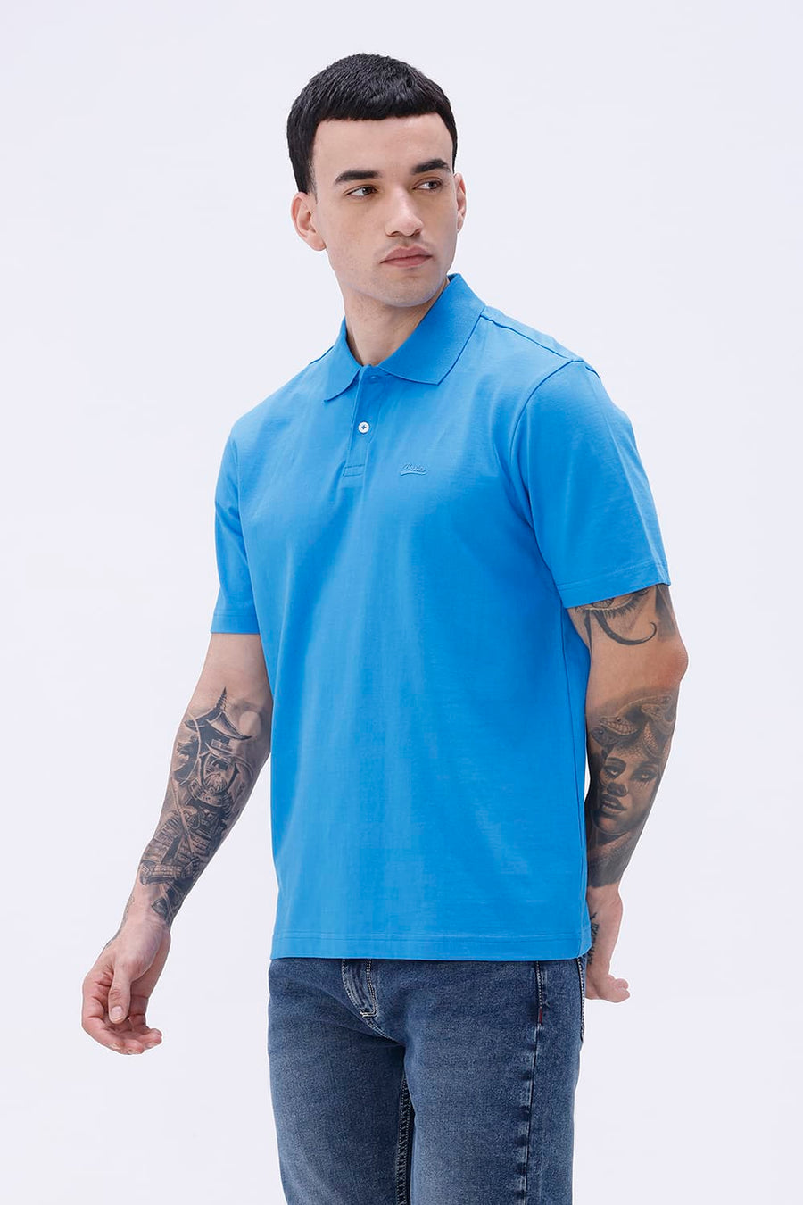 BASICS RELAXED FIT BLUE ASTER COTTON POLO T-SHIRT