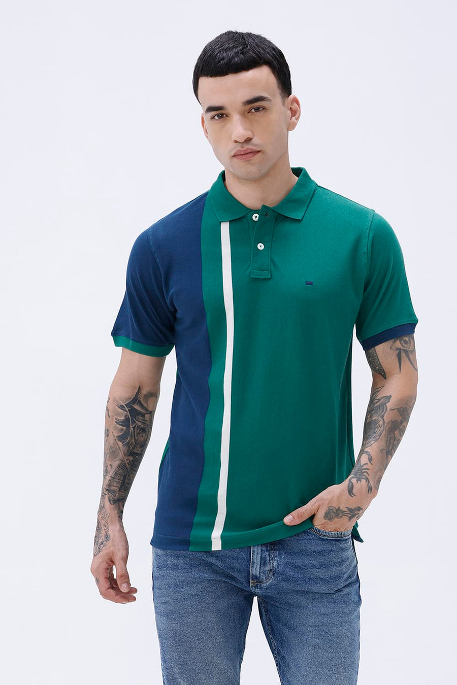 BASICS REGULAR FIT GREEN JACKET COTTON POLO T-SHIRT