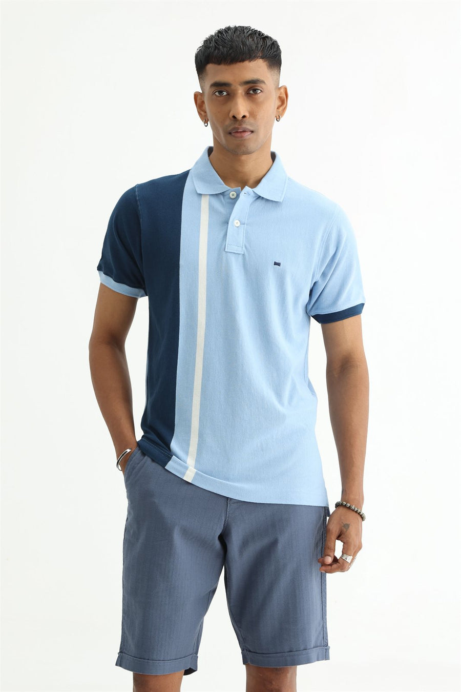 BASICS REGULAR FIT BLUE FROST COTTON POLO T-SHIRT