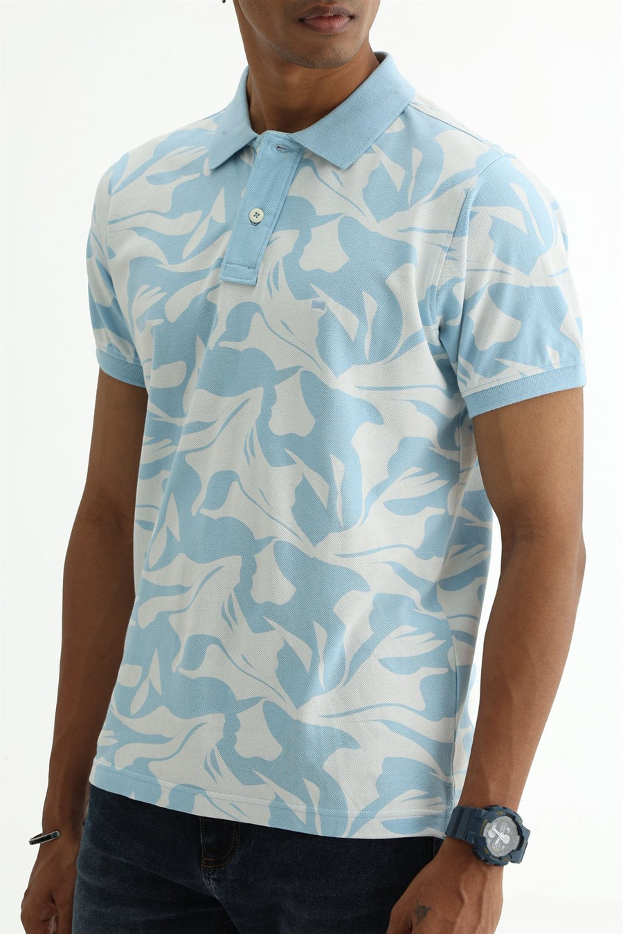 BASICS REGULAR FIT COOL BLUE COTTON POLO T-SHIRT