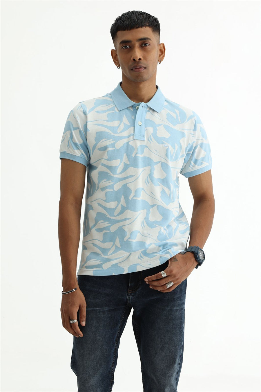 BASICS REGULAR FIT COOL BLUE COTTON POLO T-SHIRT