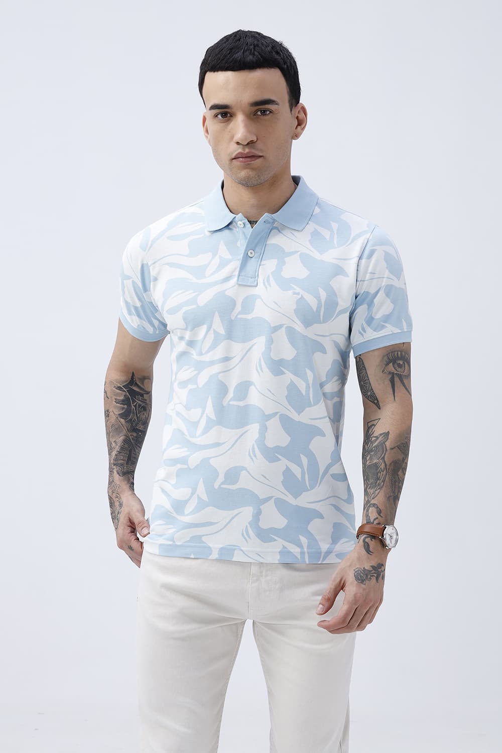 BASICS REGULAR FIT COOL BLUE COTTON POLO T-SHIRT