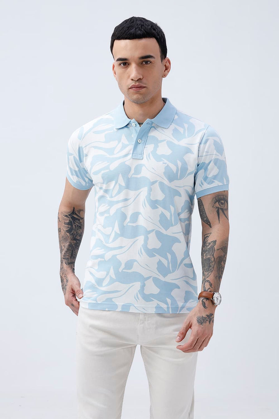 BASICS REGULAR FIT COOL BLUE COTTON POLO T-SHIRT