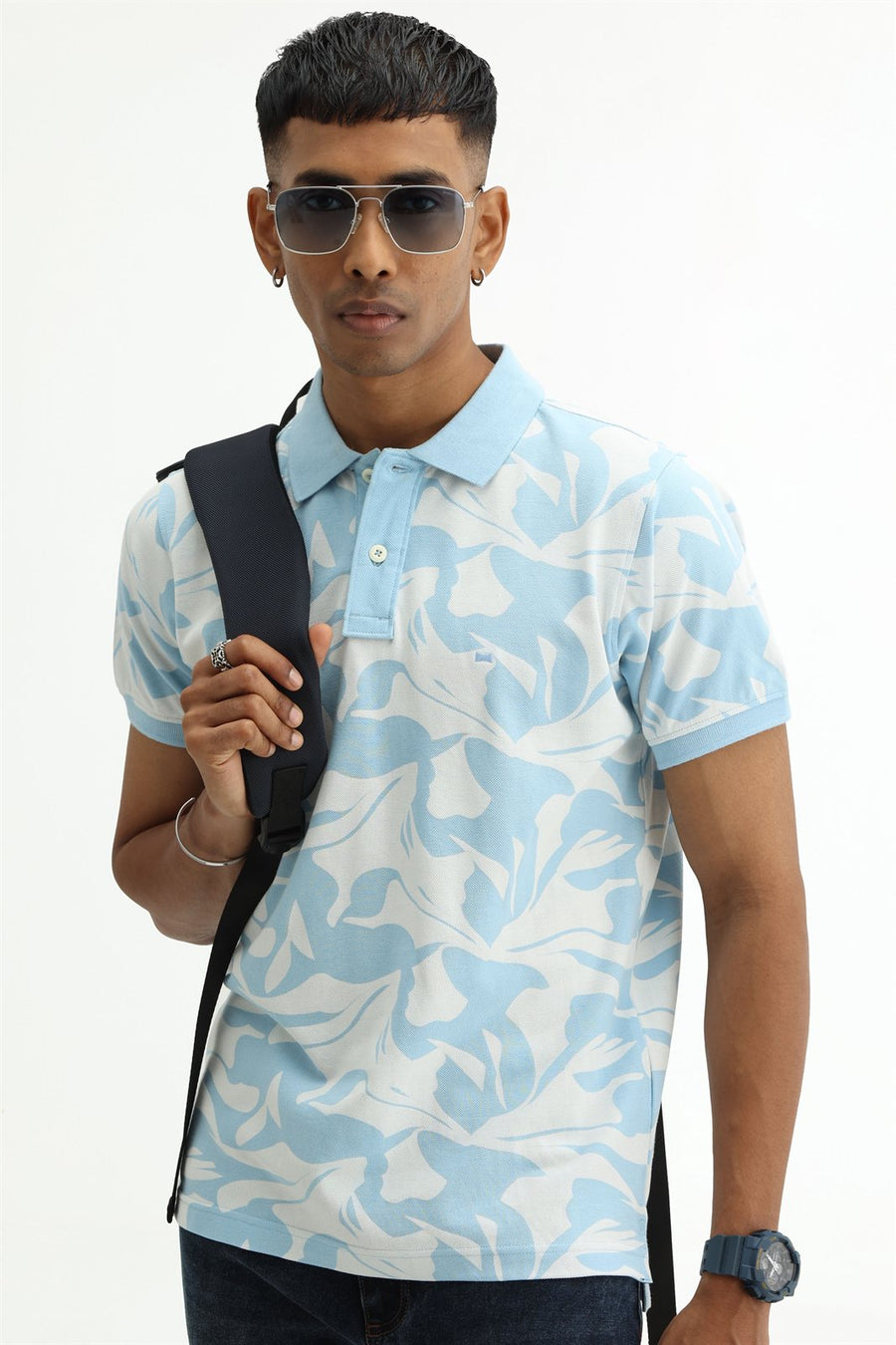 BASICS REGULAR FIT COOL BLUE COTTON POLO T-SHIRT
