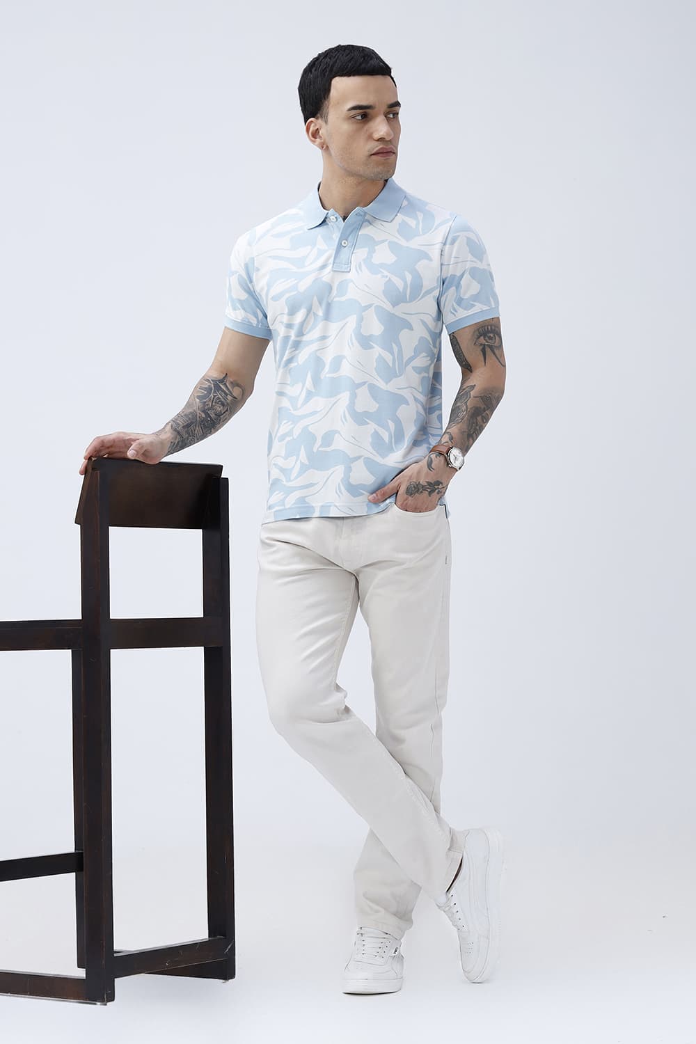 BASICS REGULAR FIT COOL BLUE COTTON POLO T-SHIRT