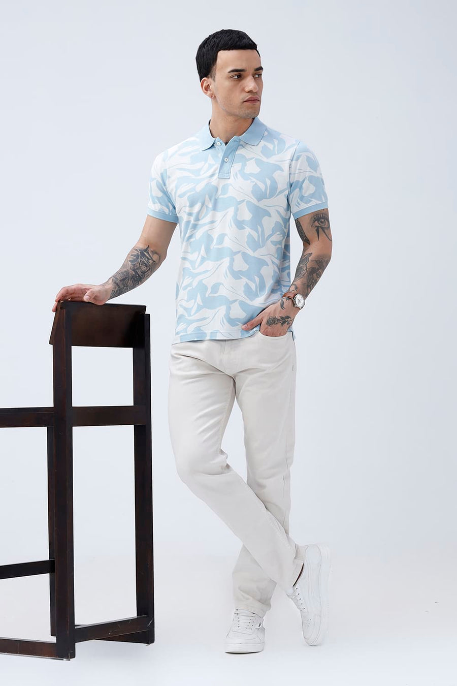 BASICS REGULAR FIT COOL BLUE COTTON POLO T-SHIRT