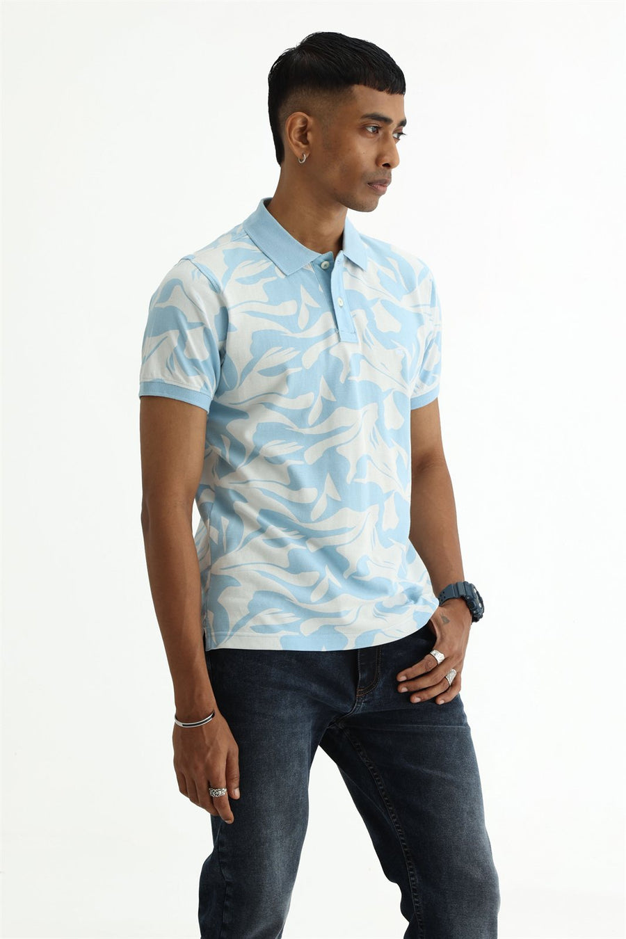 BASICS REGULAR FIT COOL BLUE COTTON POLO T-SHIRT