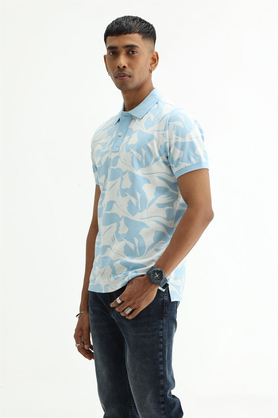 BASICS REGULAR FIT COOL BLUE COTTON POLO T-SHIRT