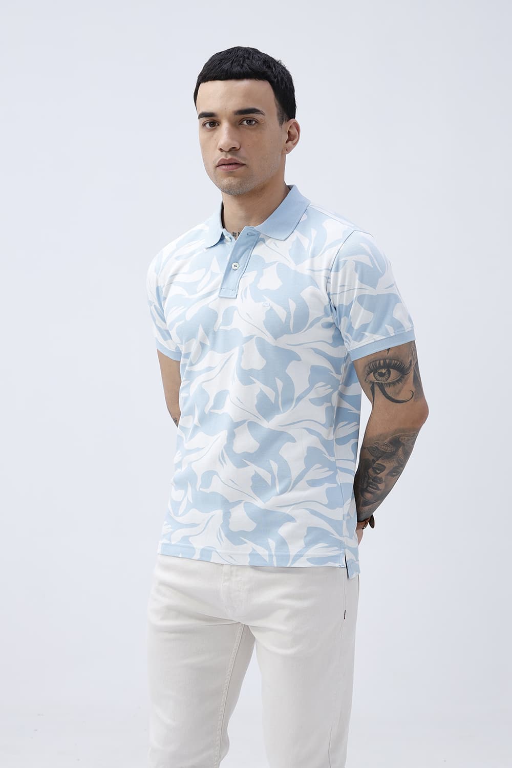 BASICS REGULAR FIT COOL BLUE COTTON POLO T-SHIRT