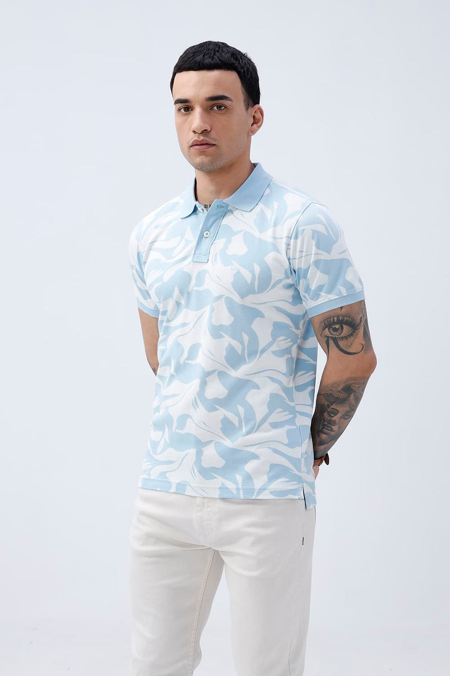 BASICS REGULAR FIT COOL BLUE COTTON POLO T-SHIRT