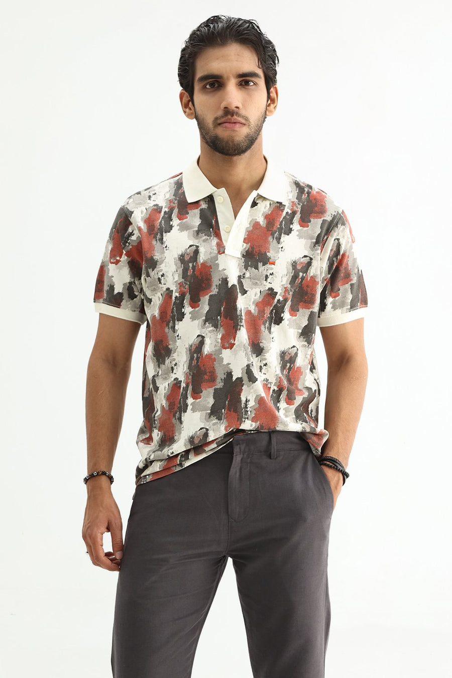 BASICS REGULAR FIT VENILA ECRU COTTON POLO T-SHIRT