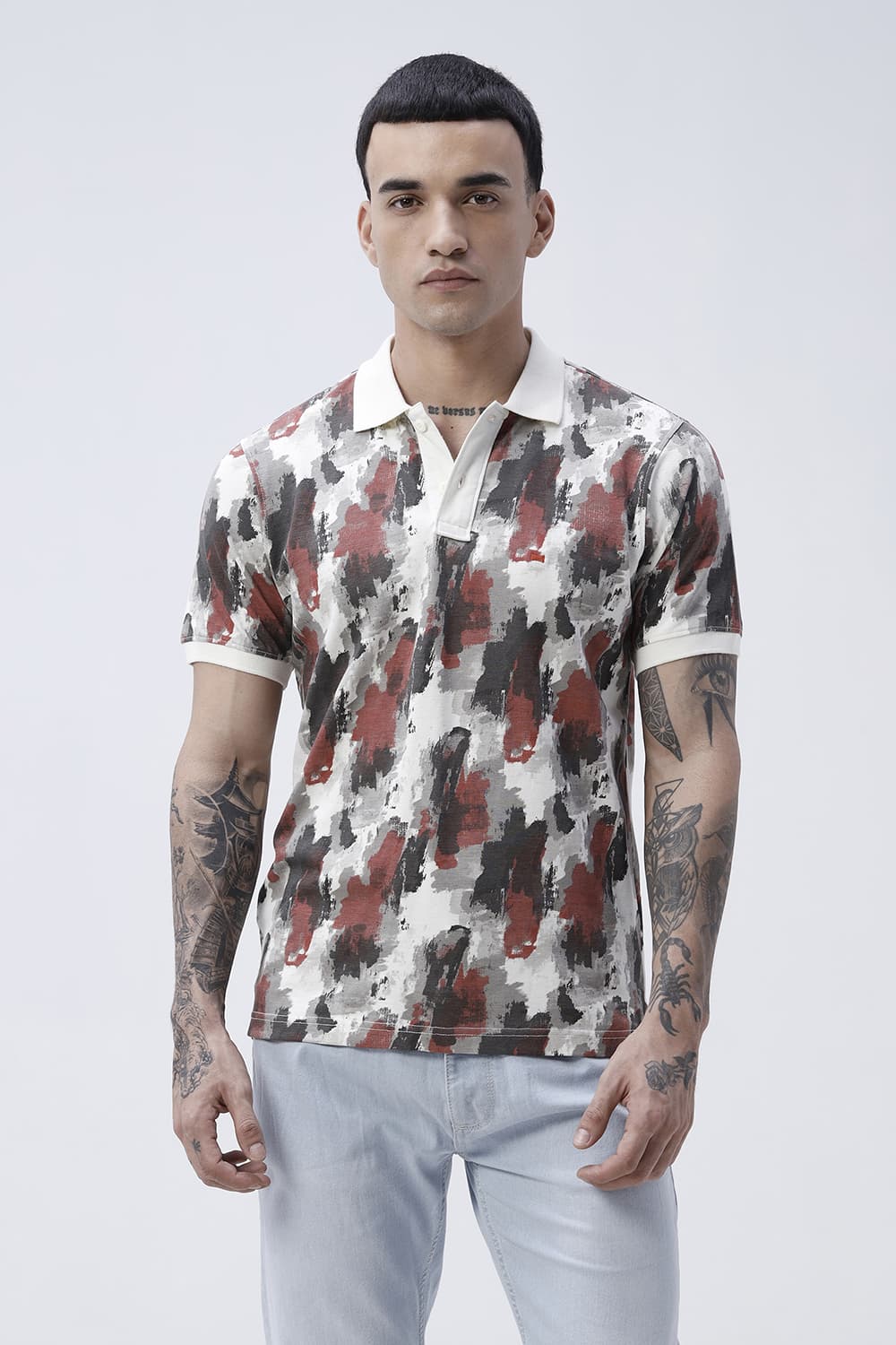 BASICS REGULAR FIT VENILA ECRU COTTON POLO T-SHIRT