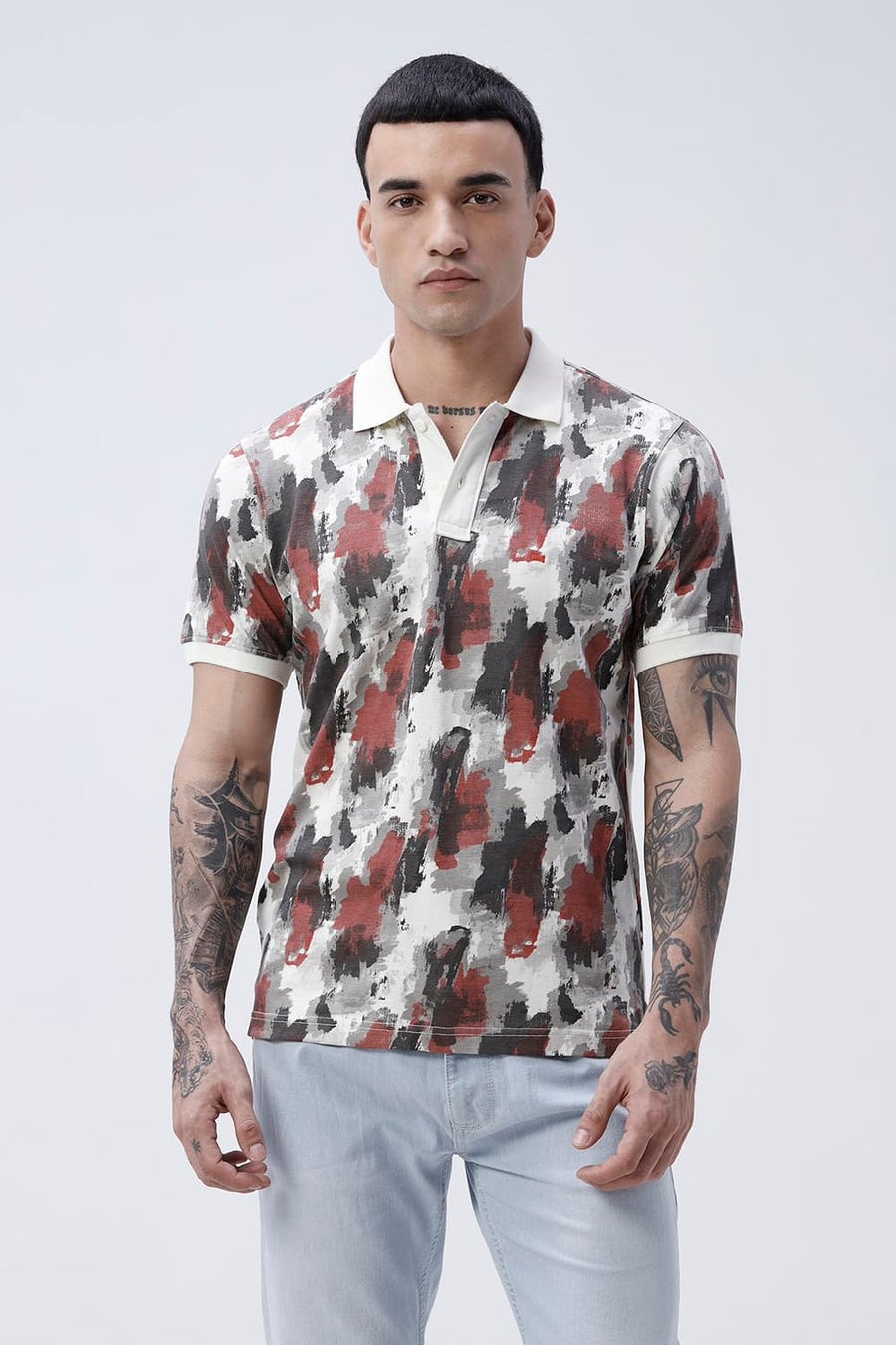 BASICS REGULAR FIT VENILA ECRU COTTON POLO T-SHIRT