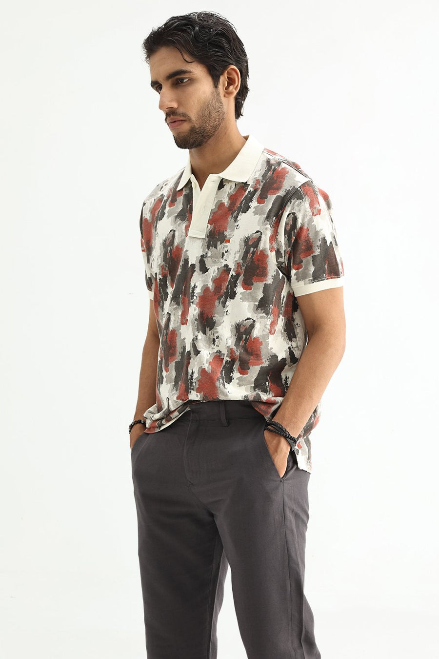 BASICS REGULAR FIT VENILA ECRU COTTON POLO T-SHIRT
