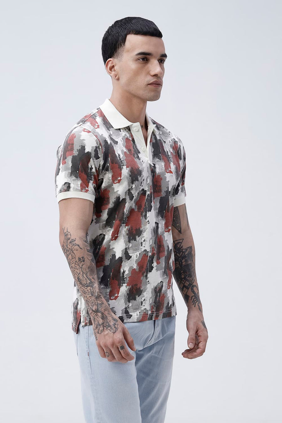 BASICS REGULAR FIT VENILA ECRU COTTON POLO T-SHIRT