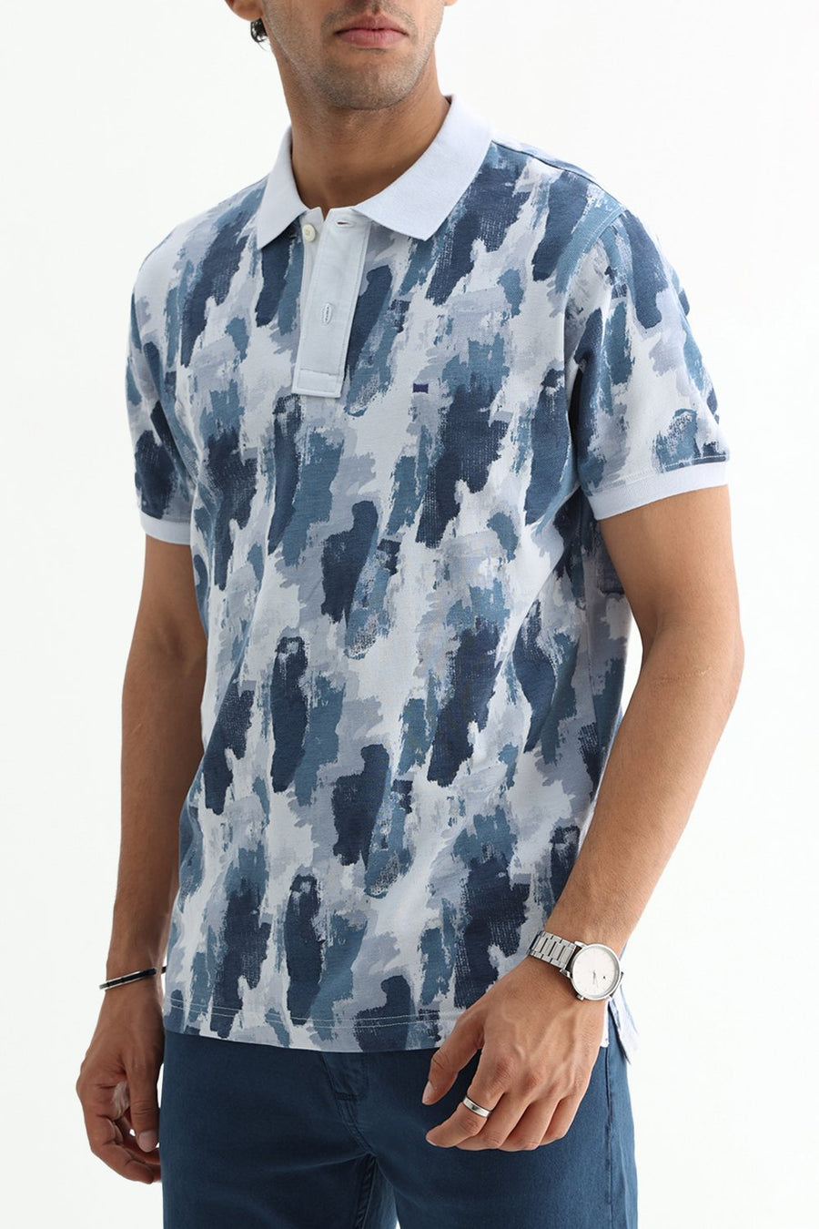 BASICS REGULAR FIT BLUE WATER COTTON POLO T-SHIRT