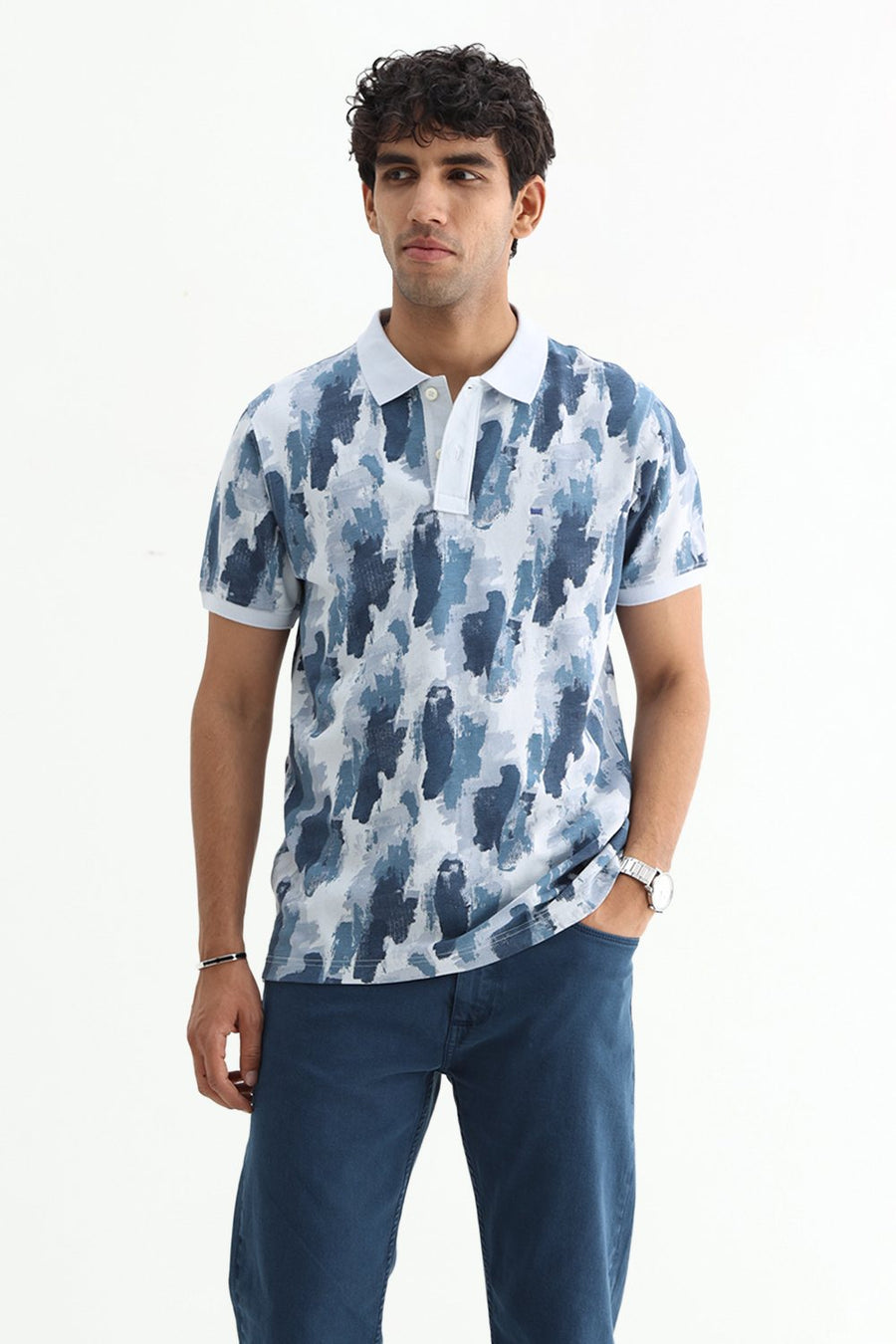 BASICS REGULAR FIT BLUE WATER COTTON POLO T-SHIRT