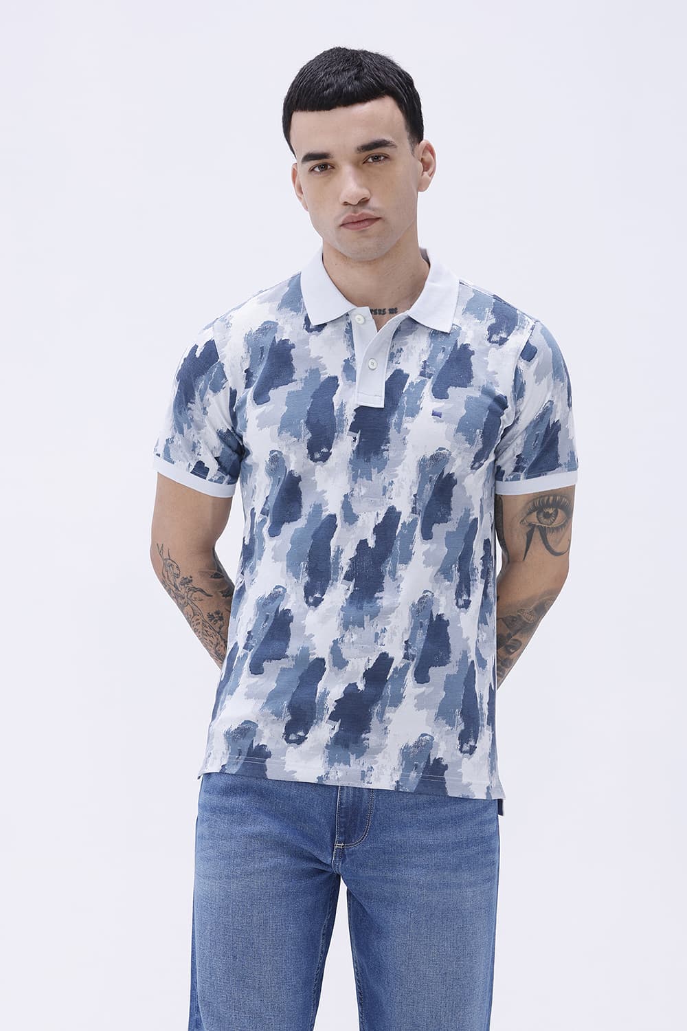 BASICS REGULAR FIT BLUE WATER COTTON POLO T-SHIRT
