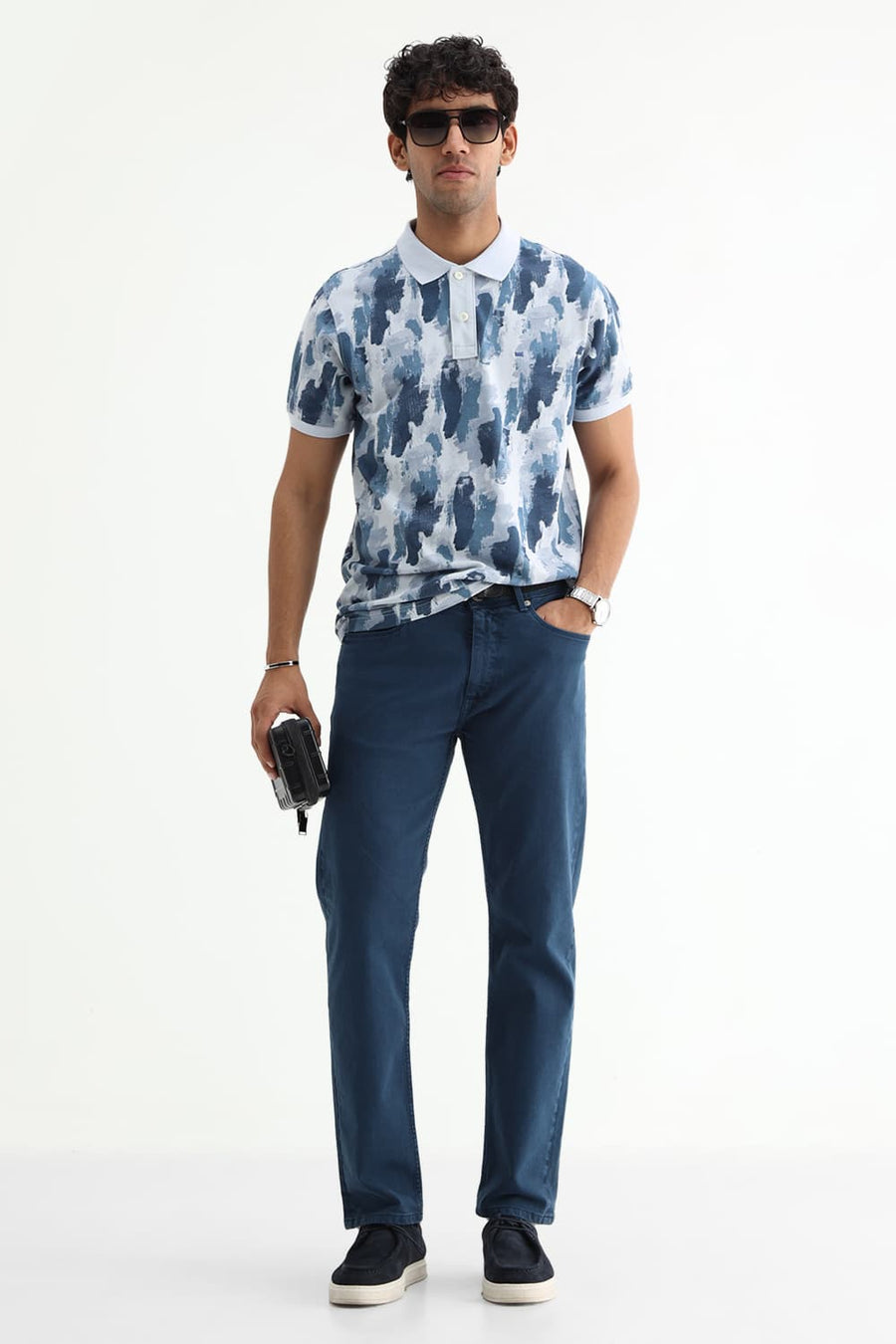 BASICS REGULAR FIT BLUE WATER COTTON POLO T-SHIRT
