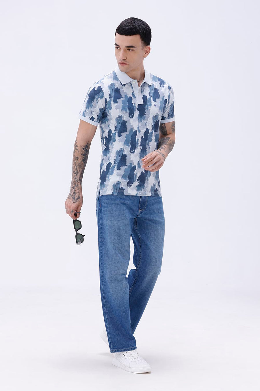 BASICS REGULAR FIT BLUE WATER COTTON POLO T-SHIRT