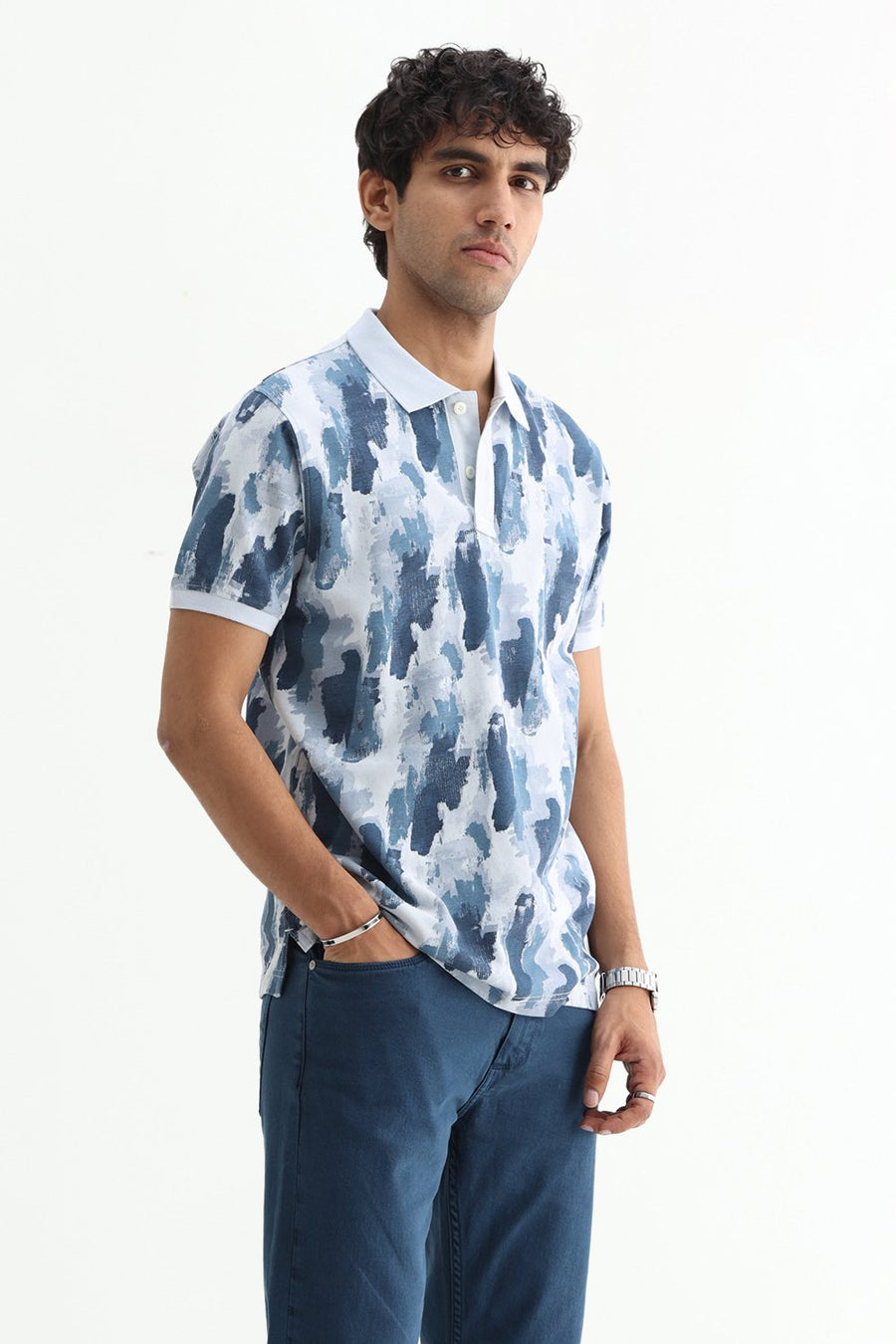 BASICS REGULAR FIT BLUE WATER COTTON POLO T-SHIRT