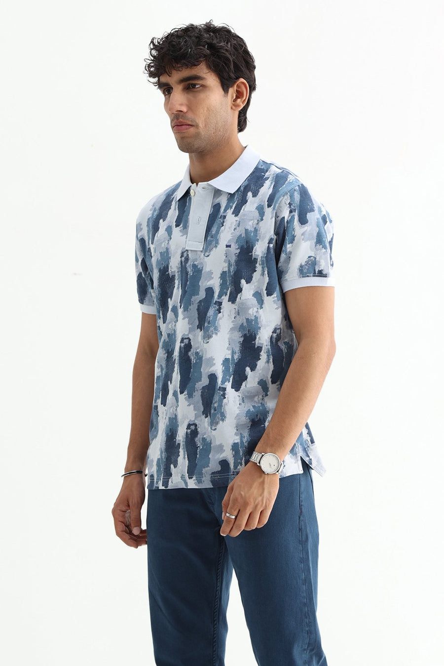 BASICS REGULAR FIT BLUE WATER COTTON POLO T-SHIRT