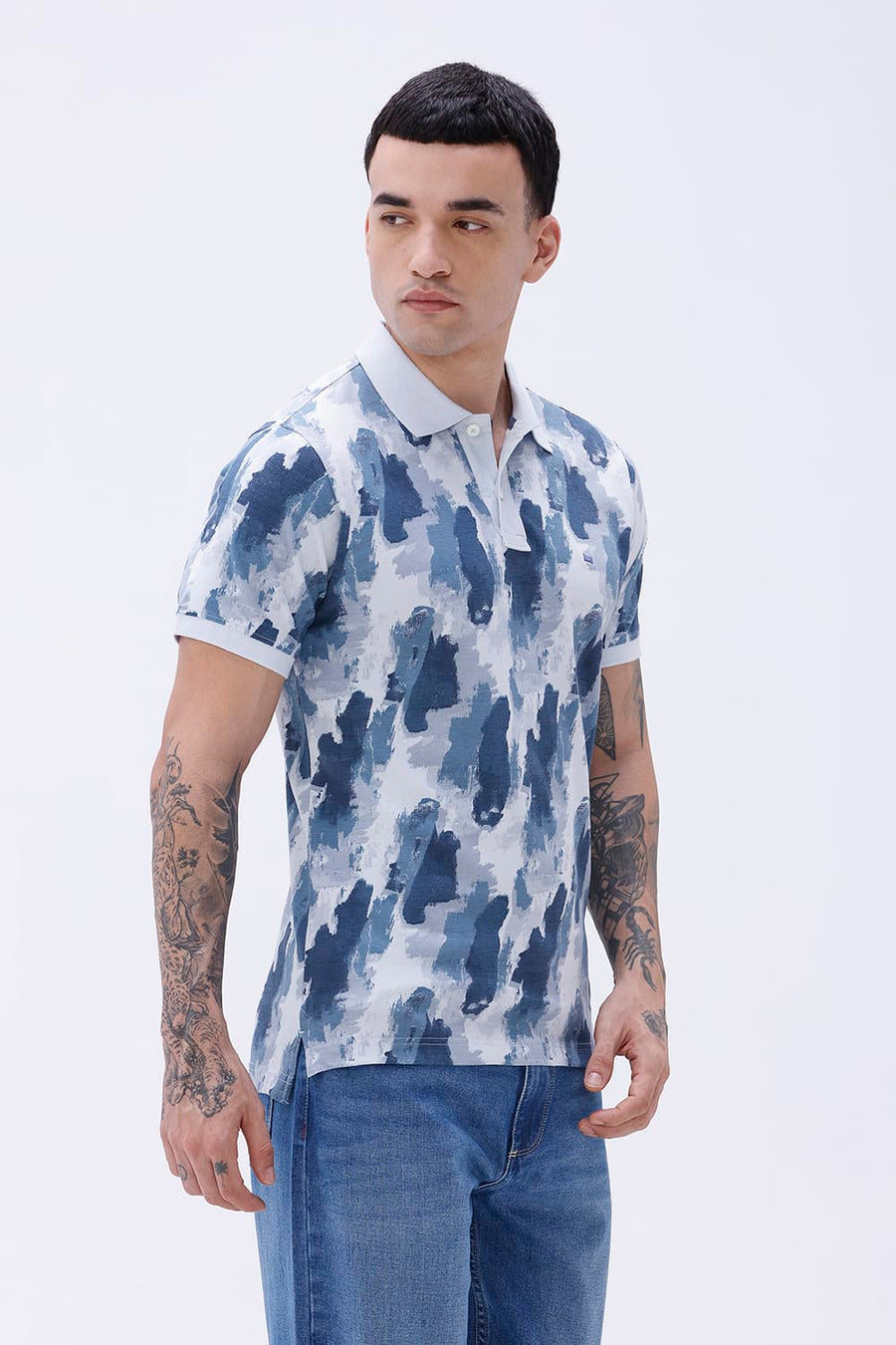 BASICS REGULAR FIT BLUE WATER COTTON POLO T-SHIRT