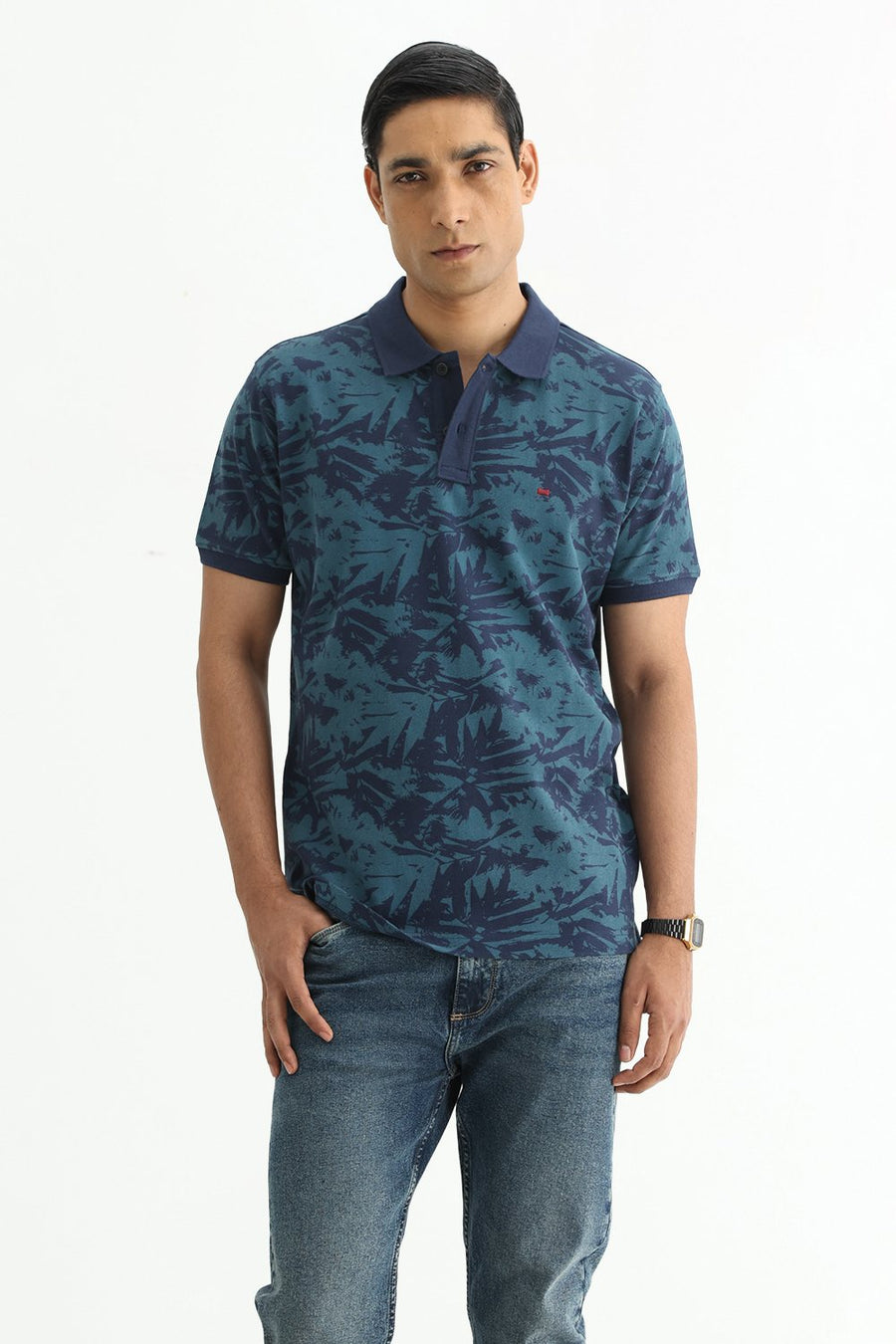 BASICS REGULAR FIT DRESS BLUE COTTON POLO T-SHIRT