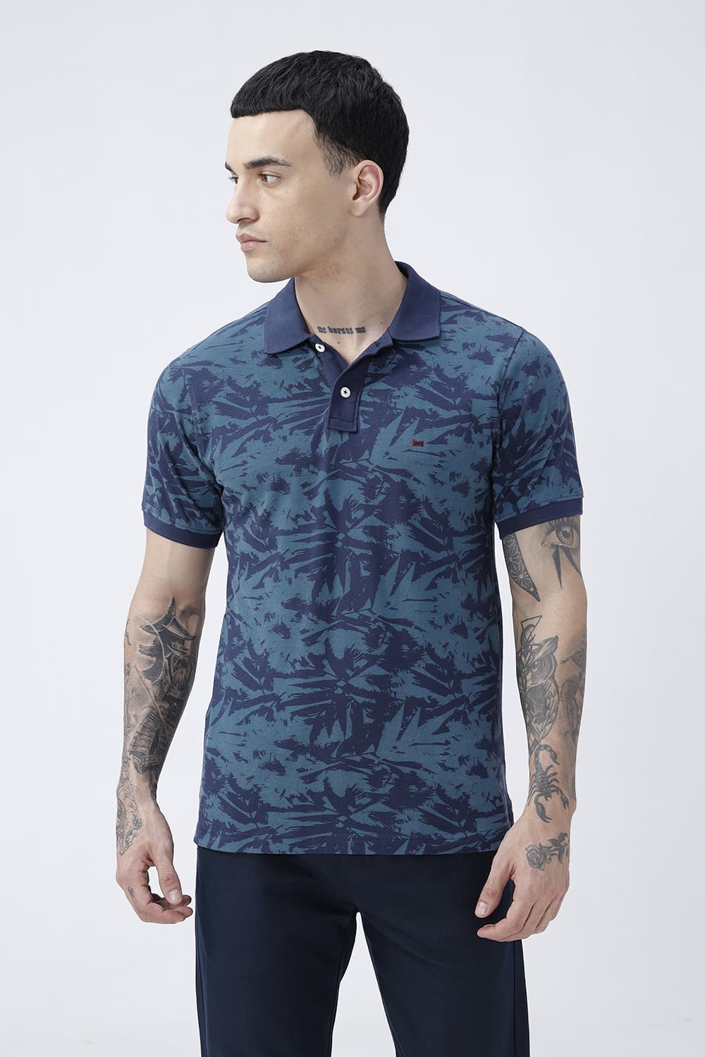 BASICS REGULAR FIT DRESS BLUE COTTON POLO T-SHIRT