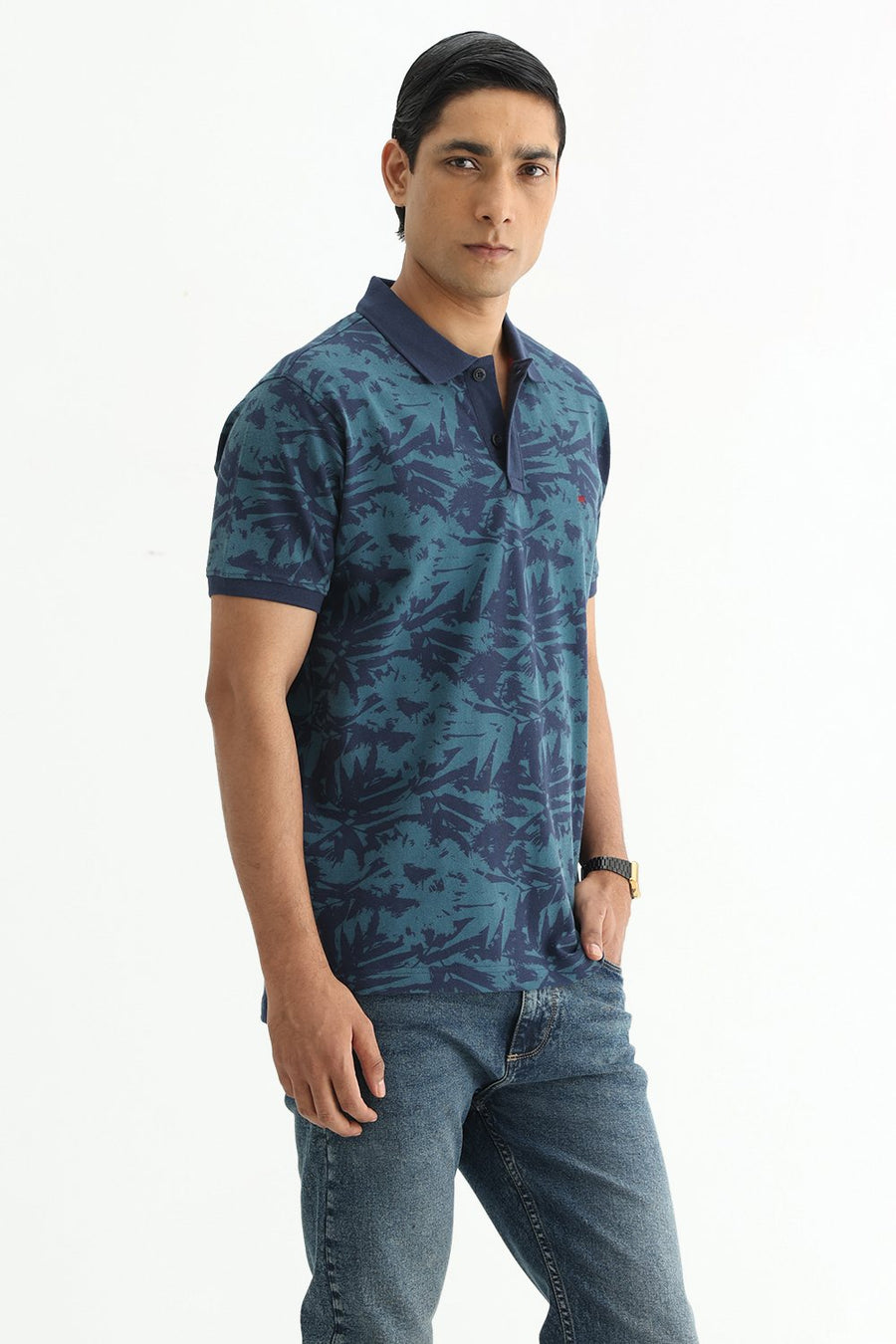 BASICS REGULAR FIT DRESS BLUE COTTON POLO T-SHIRT