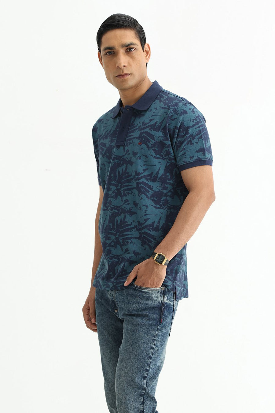 BASICS REGULAR FIT DRESS BLUE COTTON POLO T-SHIRT