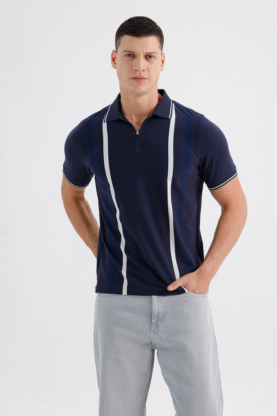 BASICS REGULAR FIT INDIA INK COTTON STRETCH POLO STRIPE T-SHIRT