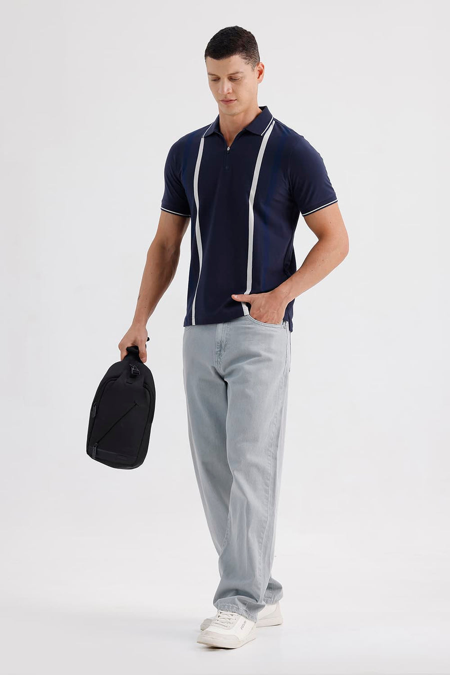 BASICS REGULAR FIT INDIA INK COTTON STRETCH POLO STRIPE T-SHIRT