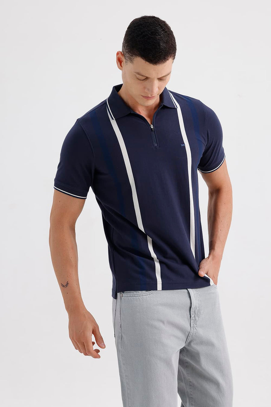 BASICS REGULAR FIT INDIA INK COTTON STRETCH POLO STRIPE T-SHIRT