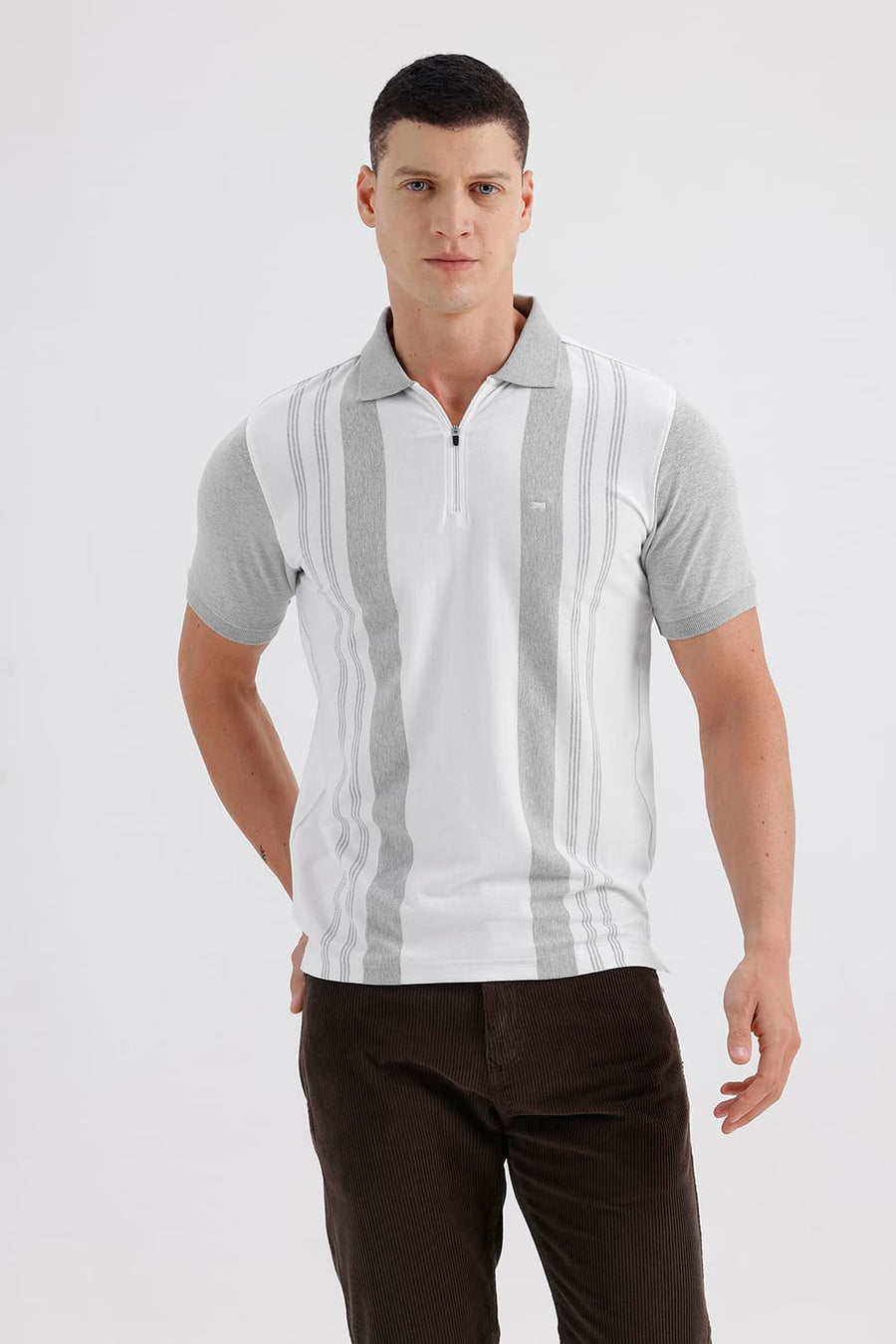 BASICS REGULAR FIT BRIGHT WHITE COTTON STRETCH POLO STRIPE T-SHIRT