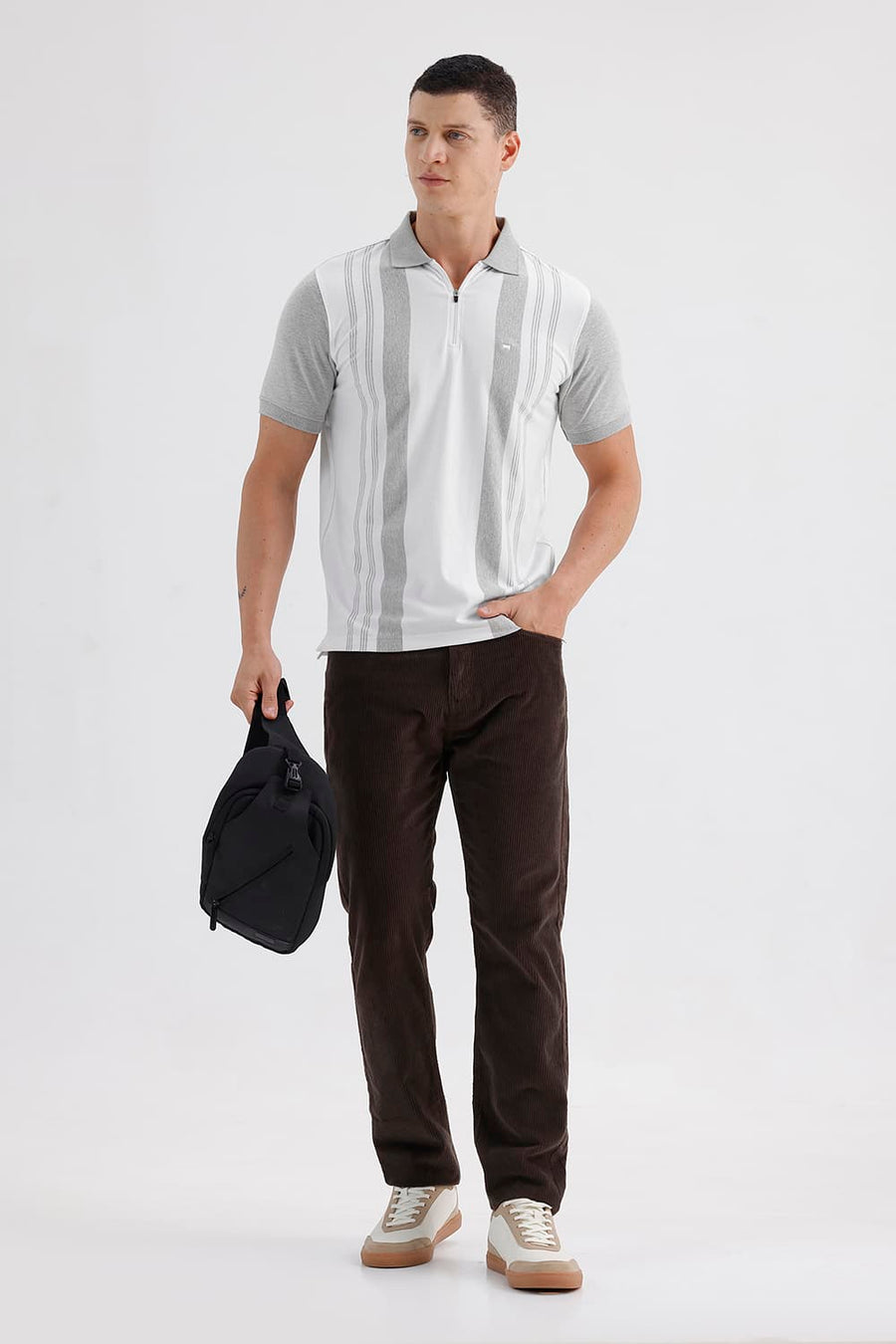BASICS REGULAR FIT BRIGHT WHITE COTTON STRETCH POLO STRIPE T-SHIRT