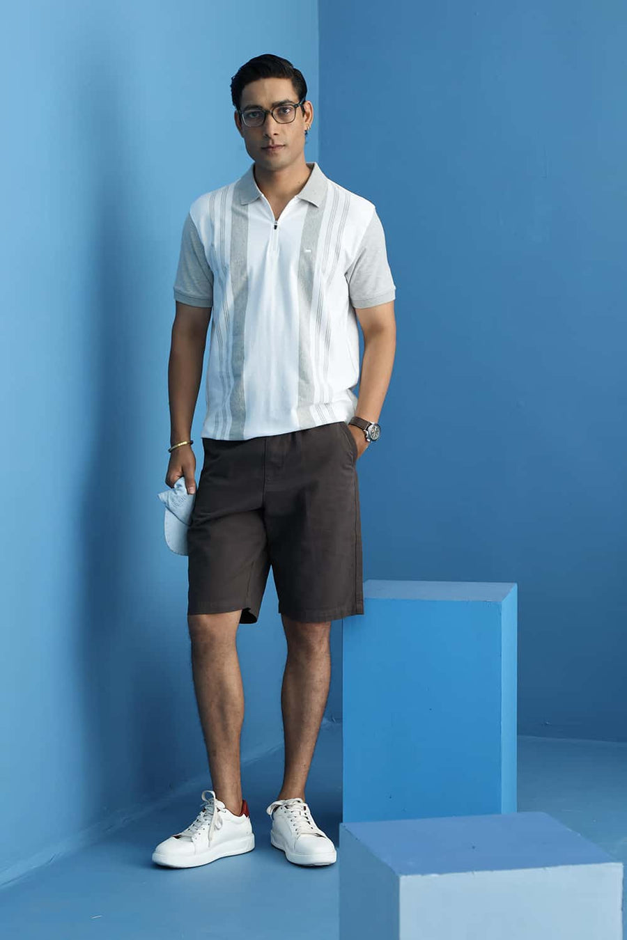 Basics Regular Fit Bright White Cotton Stretch Polo Stripe T-Shirt