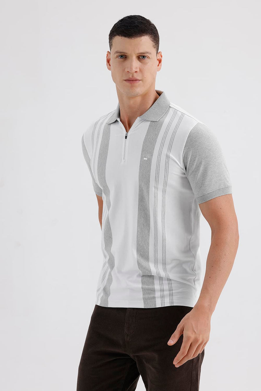 BASICS REGULAR FIT BRIGHT WHITE COTTON STRETCH POLO STRIPE T-SHIRT