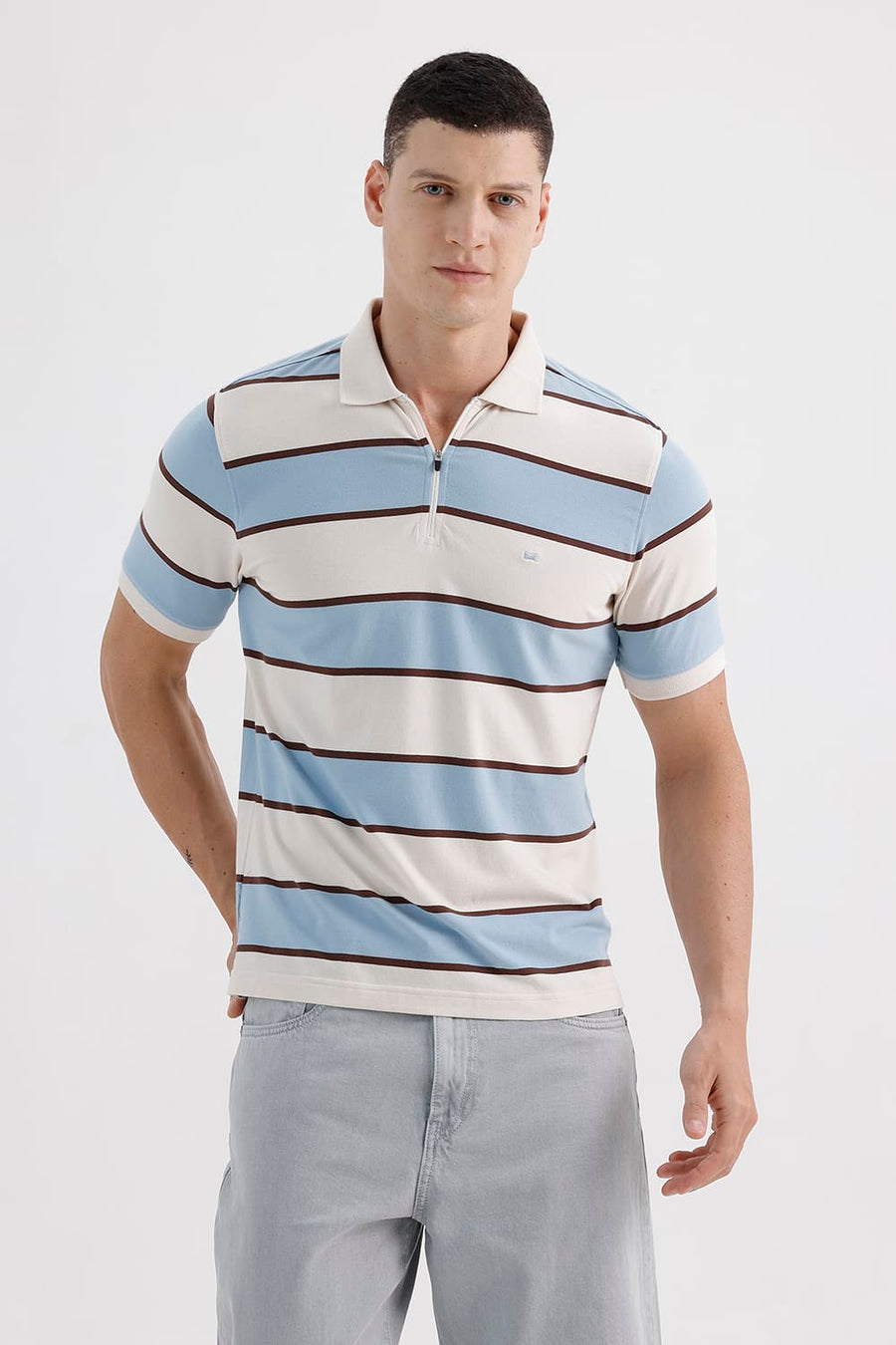 BASICS REGULAR FIT WINTER SKY COTTON STRETCH POLO STRIPE T-SHIRT