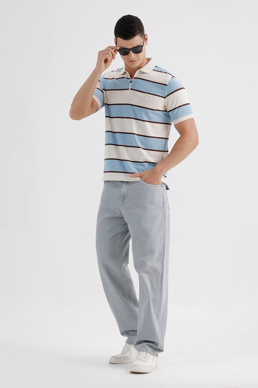 BASICS REGULAR FIT WINTER SKY COTTON STRETCH POLO STRIPE T-SHIRT