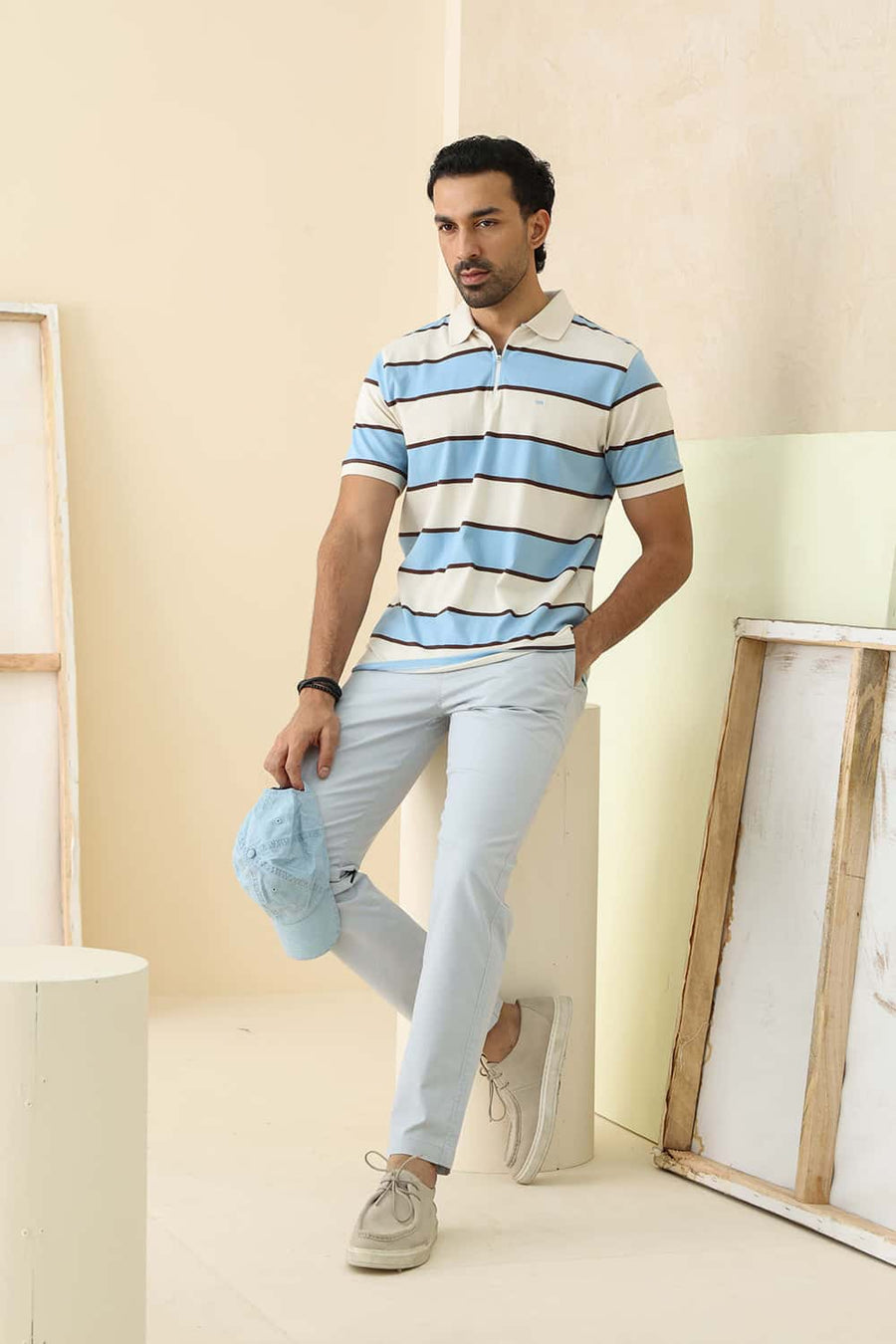 Basics Regular Fit Winter Sky Cotton Stretch Polo Stripe T-Shirt