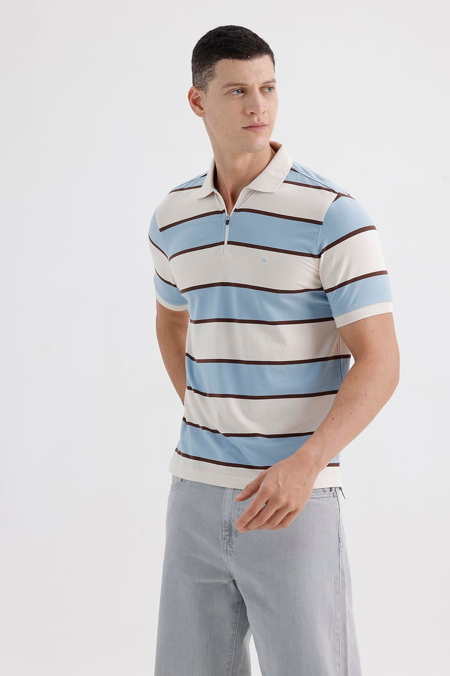 BASICS REGULAR FIT WINTER SKY COTTON STRETCH POLO STRIPE T-SHIRT