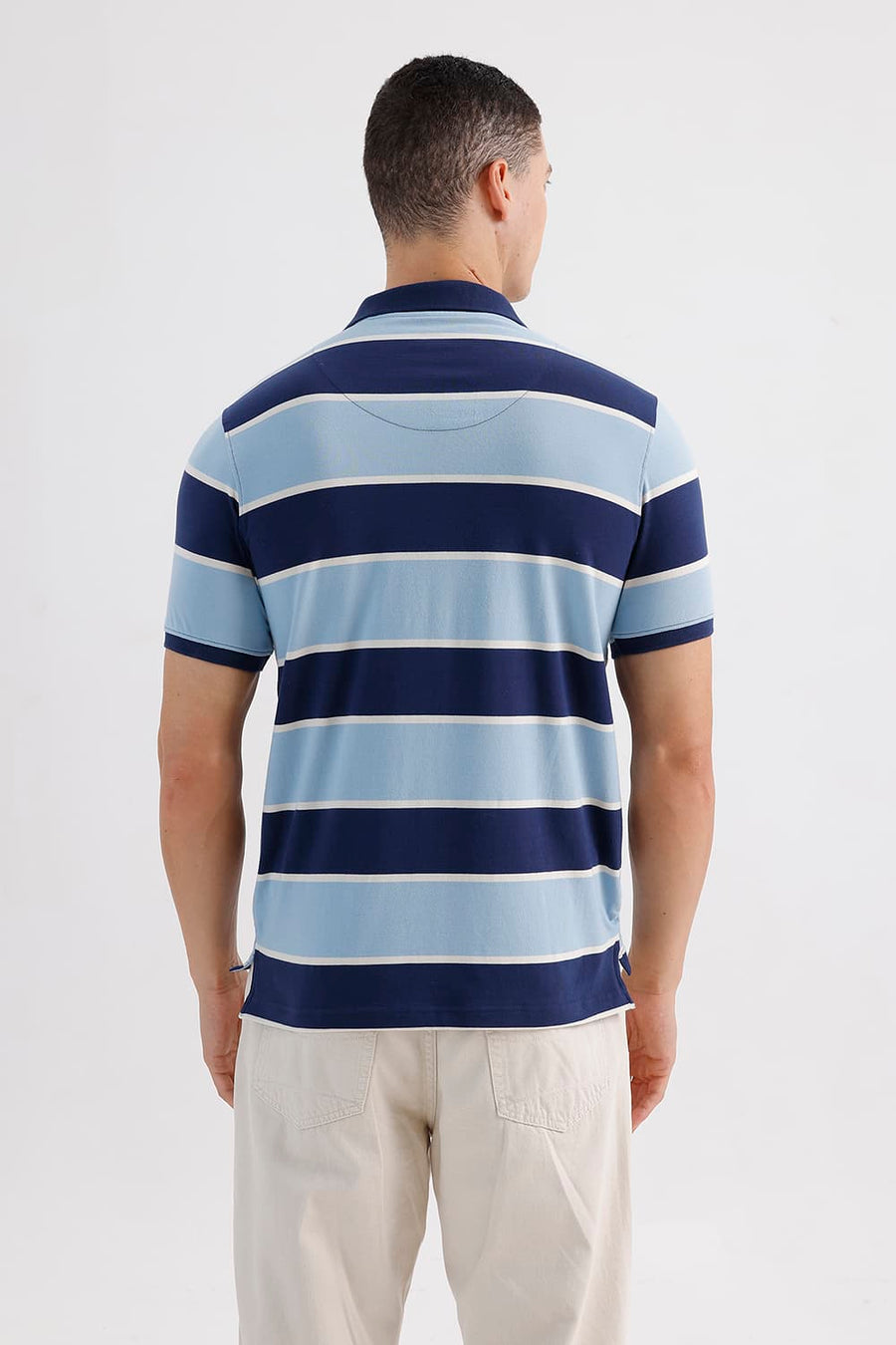 BASICS REGULAR FIT PAGEANT BLUE COTTON STRETCH POLO STRIPE T-SHIRT